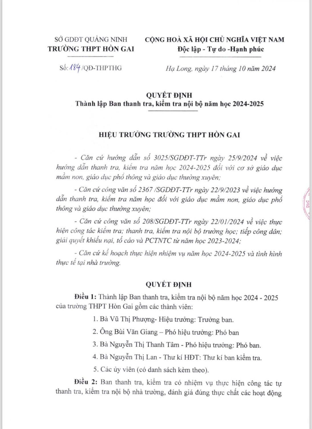 Qđ thành lập ban thanh tra, kiểm tra nội bộ năm học 2024-2025