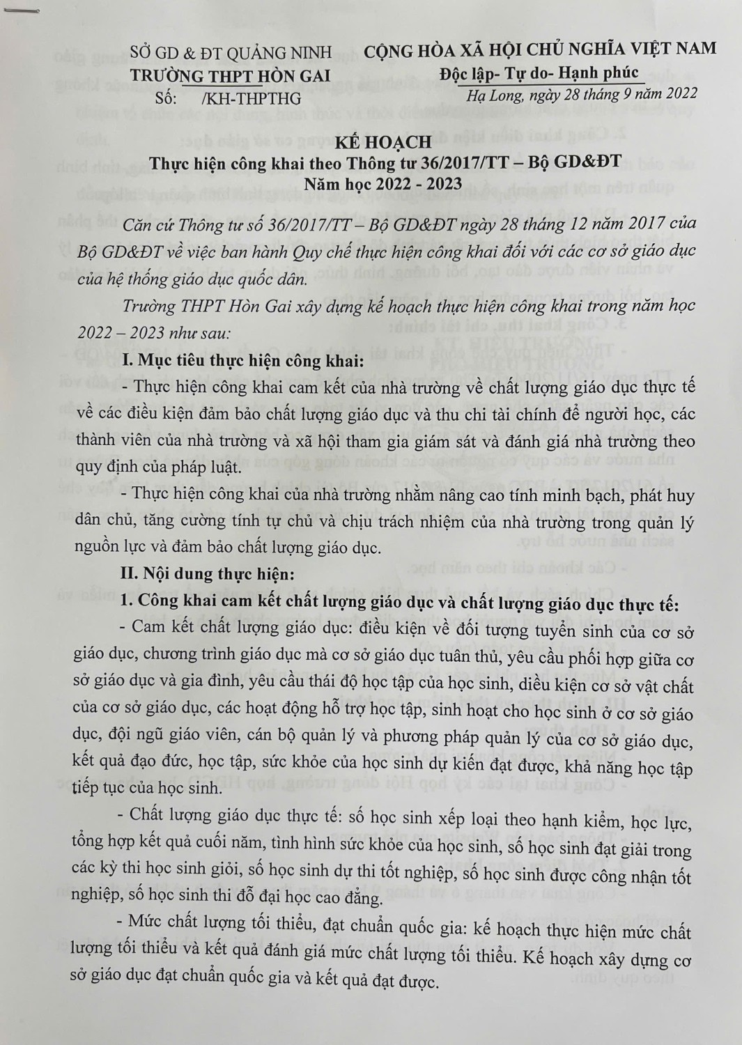 Kế hoạch thực hiện công khai theo thông tư 36 năm học 22.23