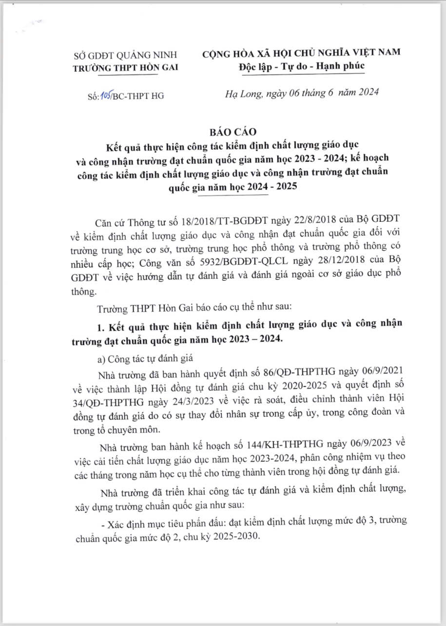 Báo cáo kết quả công tác kiểm định chất lượng,trường chuẩn năm 23.23 và KH KĐCL, TC năm học 24.25